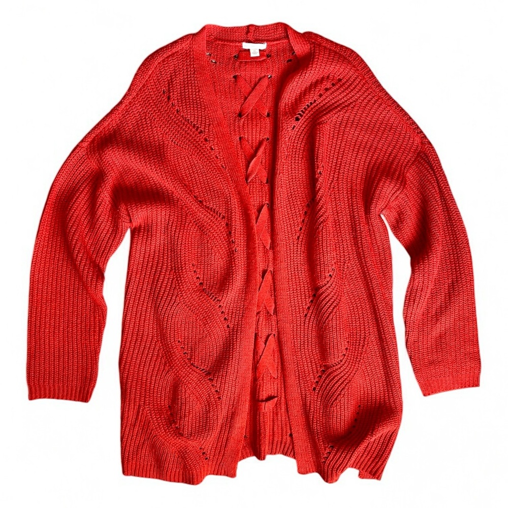 Vibrant Red Ribbed Knit Cardigan Sweater